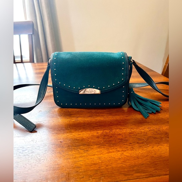 Teal Kate Spade leather bag with velvet flap and gold studs and tassel - Picture 3 of 5